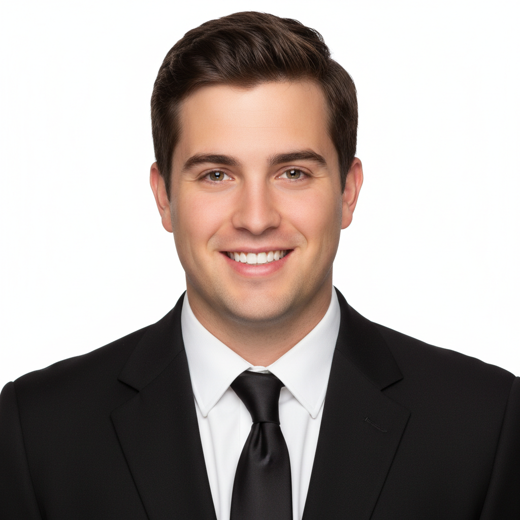 Professional headshot of a man in a black business suit with white background, corporate team photo